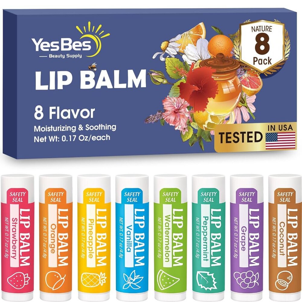 8 Pack Lip Balm, Natural Lip Balm Bulk with Vitamin E and Coconut Oil, Moisturiz